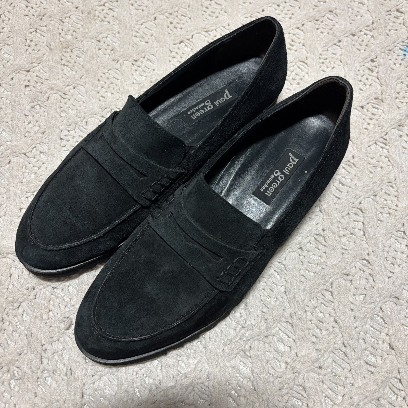$498 Paul Green Suede Penny Loafers Black Lug Sole Vibram Made In Austria Sz 8us